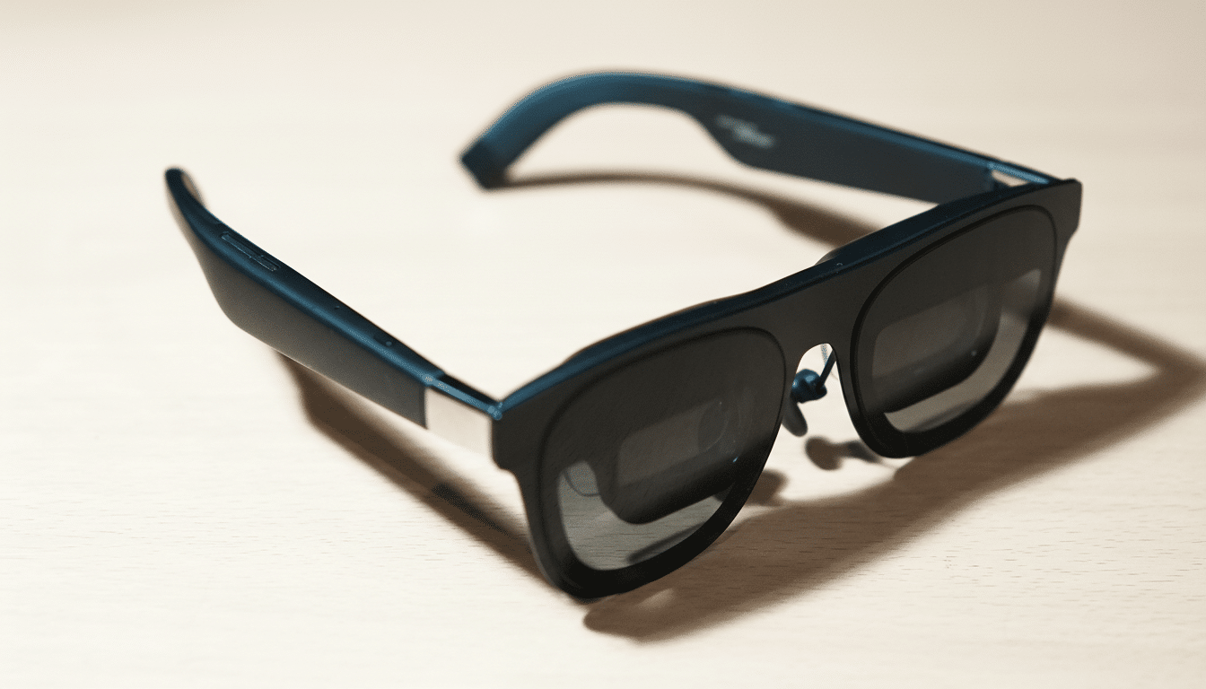 A pair of dark smart glasses with teal arms resting on a light wooden surface.