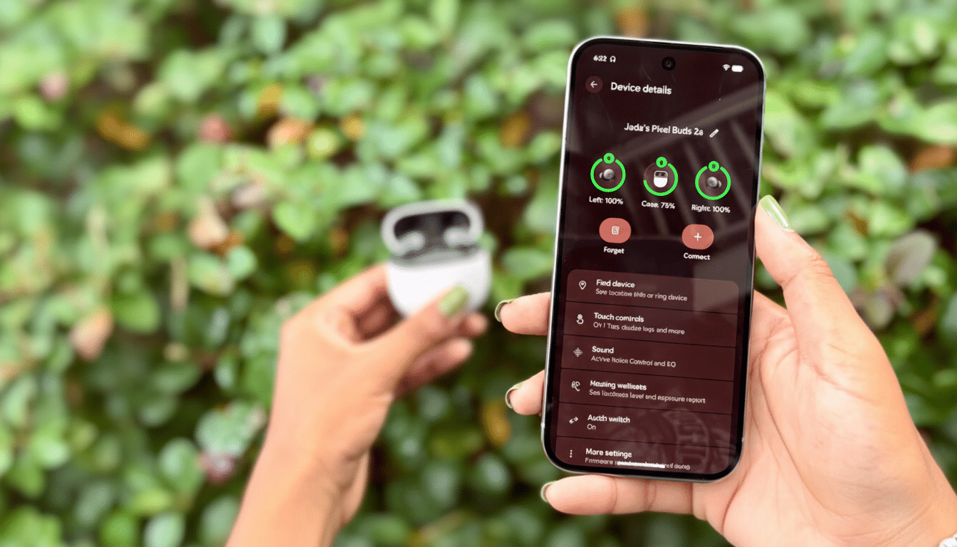 A person holding a smartphone displaying Device details for Jadas Pixel Buds 2a with battery percentages for left, case, and right buds, and various settings options. In the background, another hand holds the Pixel Buds case.