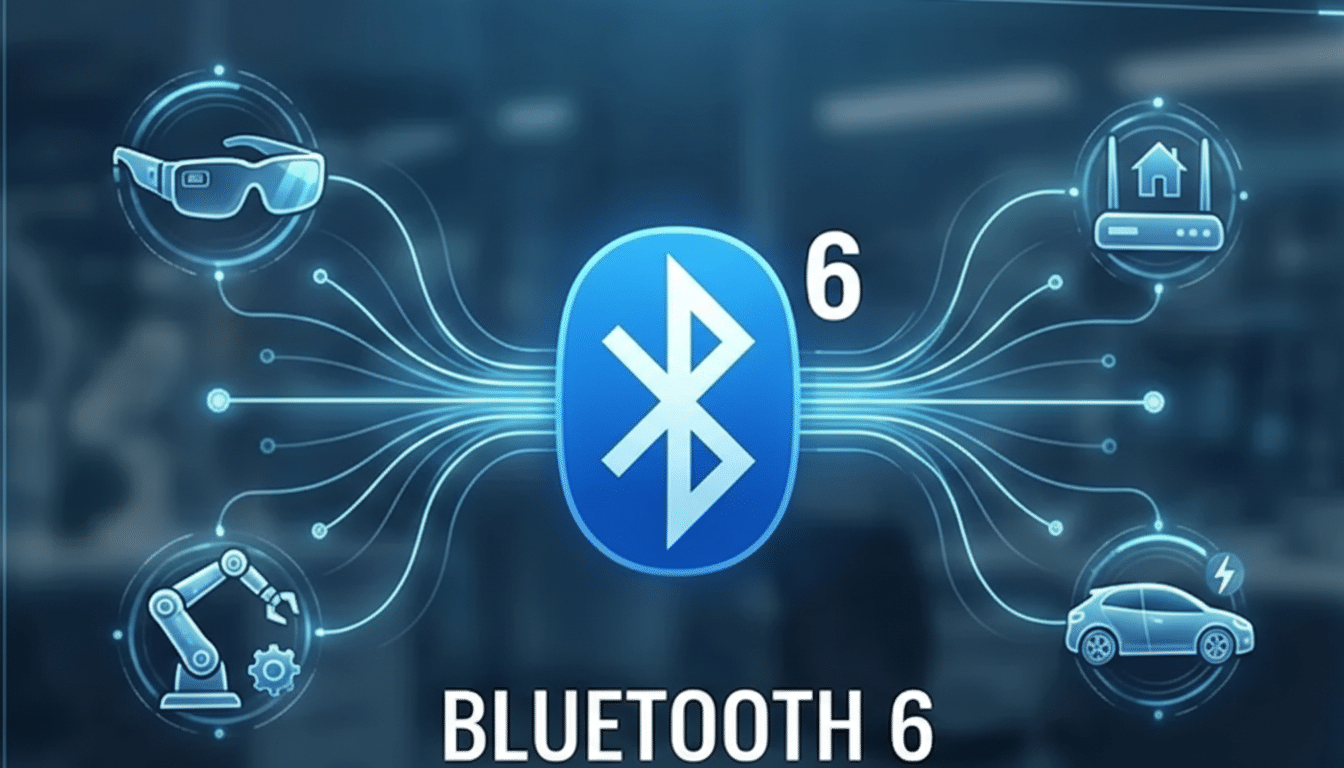 A central blue Bluetooth logo with a white 6 on it, surrounded by interconnected icons representing various technologies like smart glasses, a router, a robotic arm, and a car, all against a blurred blue background.