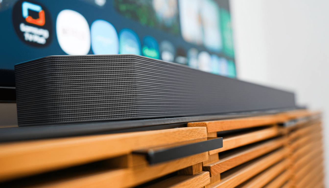 A black soundbar sits on a wooden media console in front of a television displaying app icons.