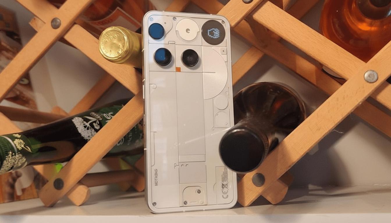 A Nothing Phone (1) with its unique transparent back design, resting against a wooden wine rack with bottles.