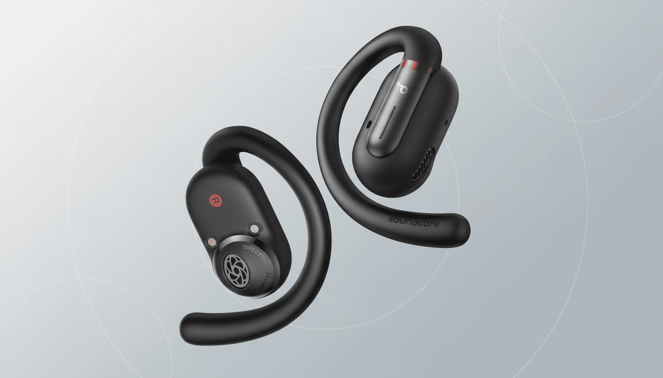 A pair of black Soundcore Sport X10 earbuds with red accents, presented on a professional light gray background with subtle circular patterns.