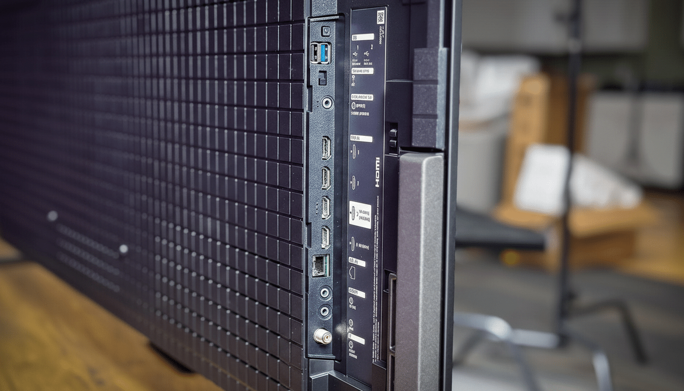 The back panel of a modern television, showcasing various input ports including HDMI, USB, and optical audio, with detailed labels.