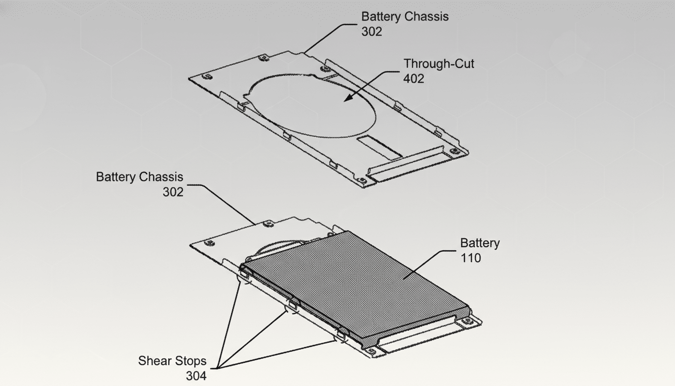 A diagram showing a battery chassis with a through-cut and a battery with shear stops, presented on a professional flat design background with soft patterns.