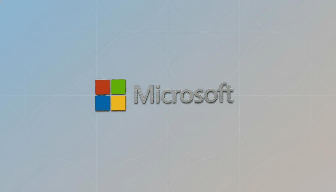 The Microsoft logo, featuring four colored squares (red, green, blue, yellow) and the word Microsoft in gray, centered on a professional flat design background with soft patterns and a subtle gradient.
