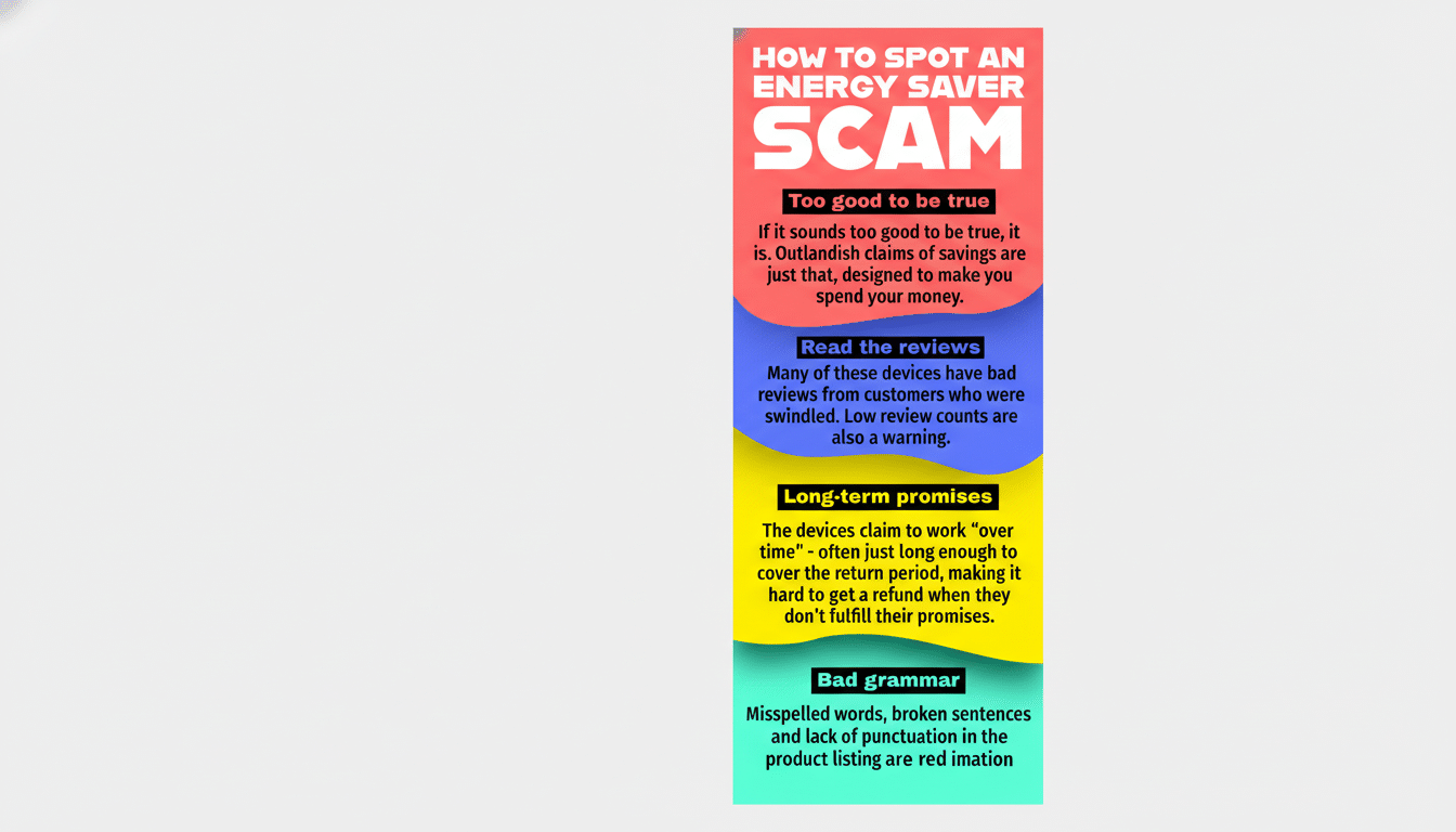 An infographic titled How to Spot an Energy Saver Scam with four sections: Too good to be true, Read the reviews, Long-term promises, and Bad grammar. The infographic is set against a light gray background.