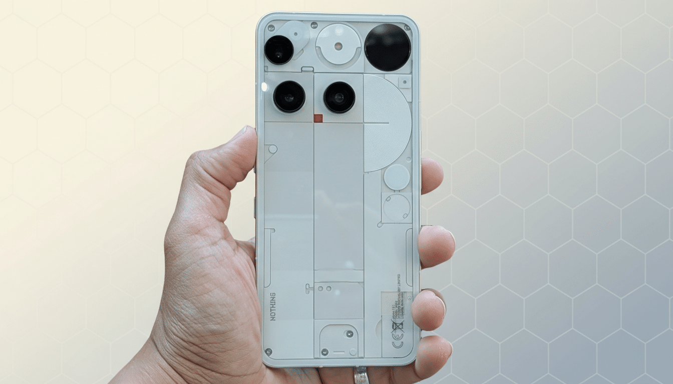 A hand holding a Nothing Phone (2) with a professional flat design background featuring soft hexagonal patterns and a gradient from light gray to white.