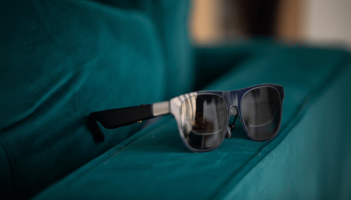 A pair of smart glasses with dark lenses and a blue-grey frame resting on a teal upholstered surface.