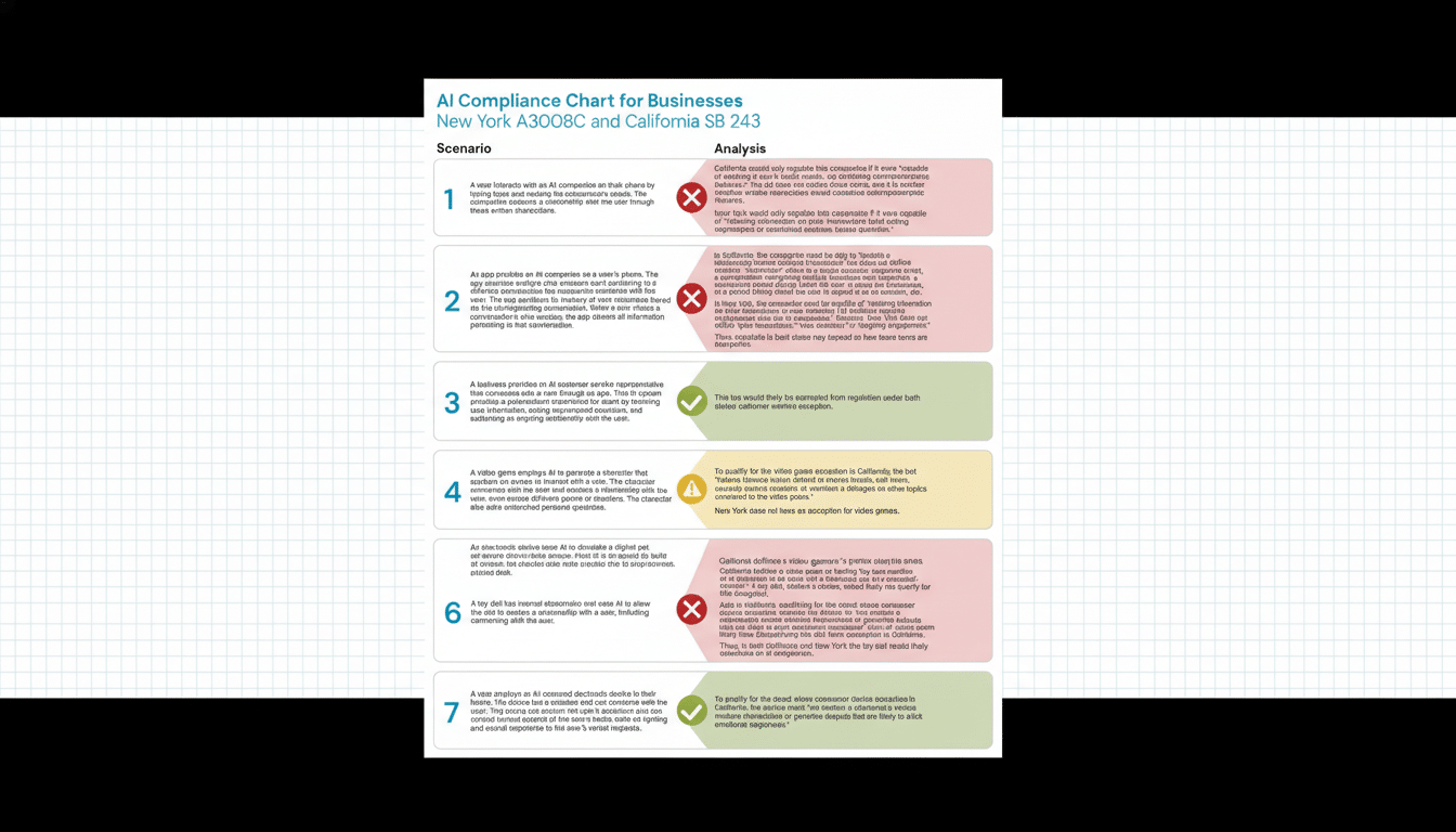 A professional, enhanced image of an AI Compliance Chart for Businesses, resized to a 16:9 aspect ratio. The chart details seven scenarios related to AI interactions, with each scenario having an analysis of its compliance status. The background is a professional flat design with soft patterns and gradients, while the chart itself remains unchanged.