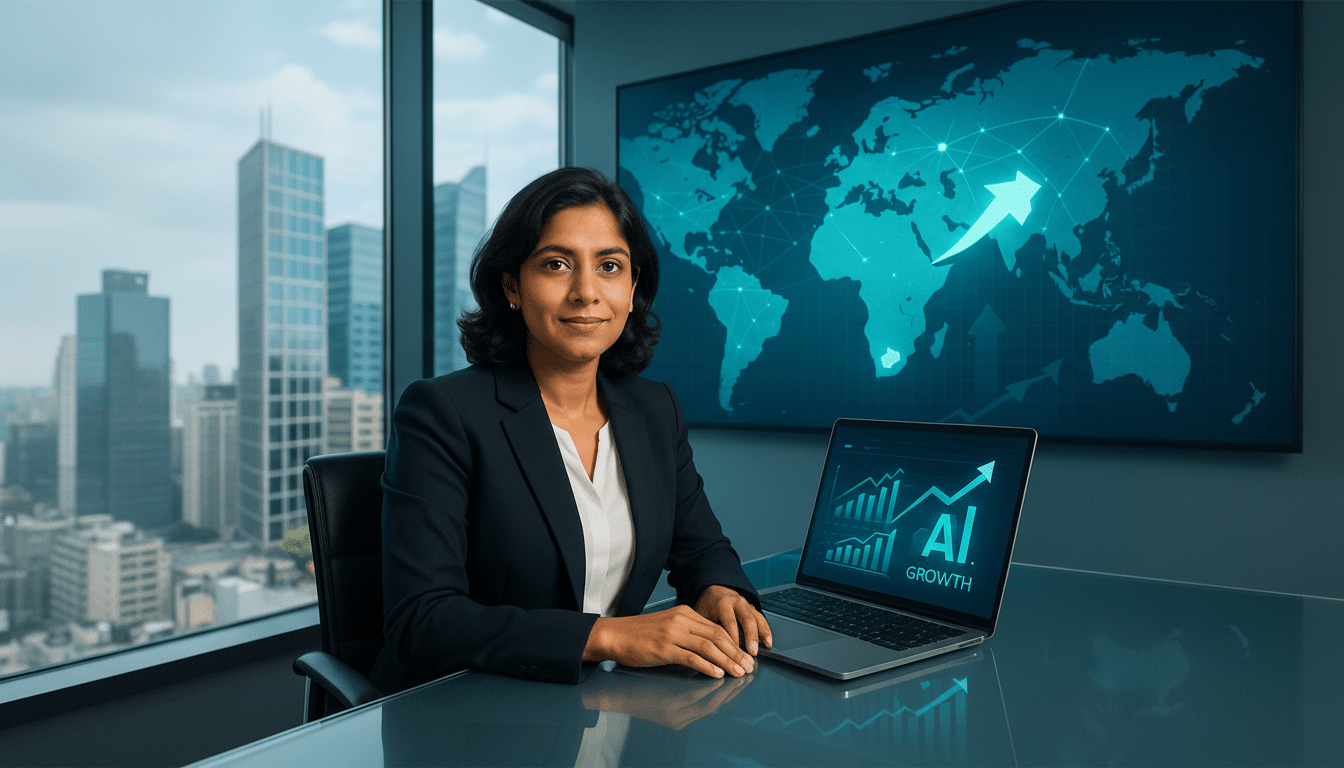 A professional woman in a suit sits at a desk with a laptop, in front of a large screen displaying a world map and an upward-trending arrow, with a city skyline visible through a window.