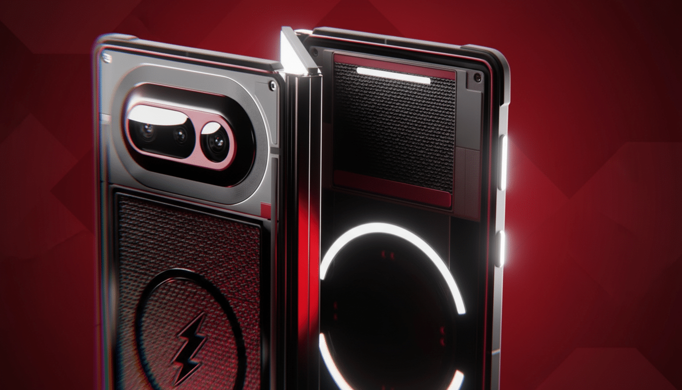 A sleek, dark gray foldable smartphone with red accents, featuring a triple camera setup and a textured back with a lightning bolt icon, presented against a professional red gradient background.