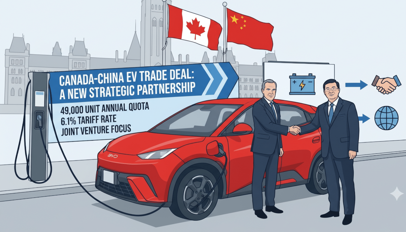 An illustration depicting a Canada-China EV trade deal, with two men shaking hands in front of a red electric vehicle, Canadian and Chinese flags, and a charging station.