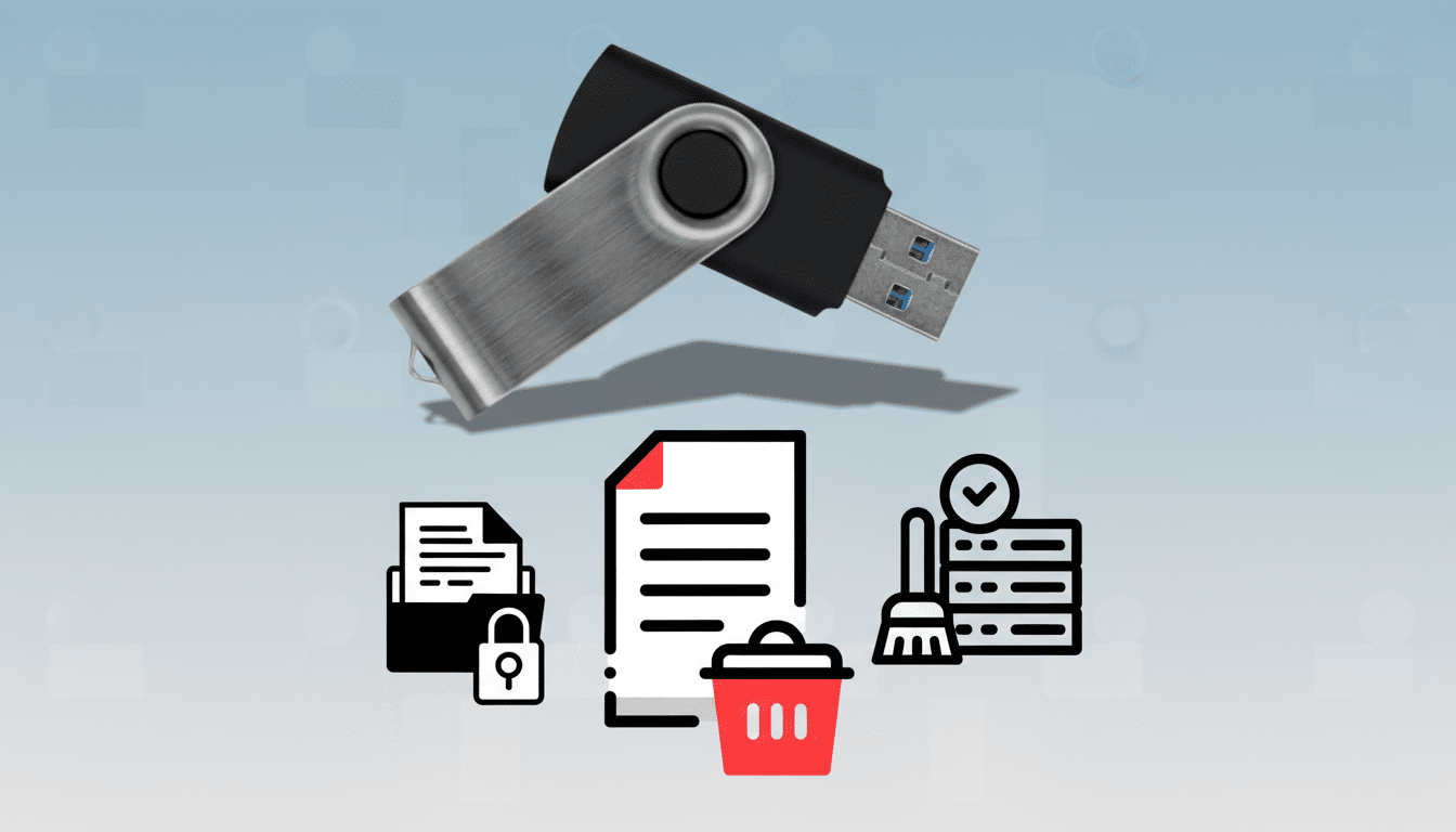 A USB flash drive with a metallic swivel cover and a black body, positioned above three icons. The icons represent document security (a folder with a padlock), document deletion (a document with a red trash can), and data cleanup (a broom sweeping a server rack with a checkmark). The background is a professional flat design with soft blue and gray gradients and subtle circular patterns.