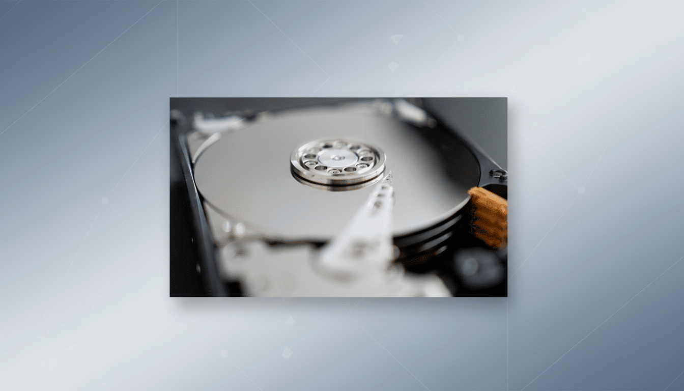 A close-up, professionally enhanced image of an open hard drive, showcasing its reflective platters and read/write head, set against a soft, gradient background with subtle geometric patterns.