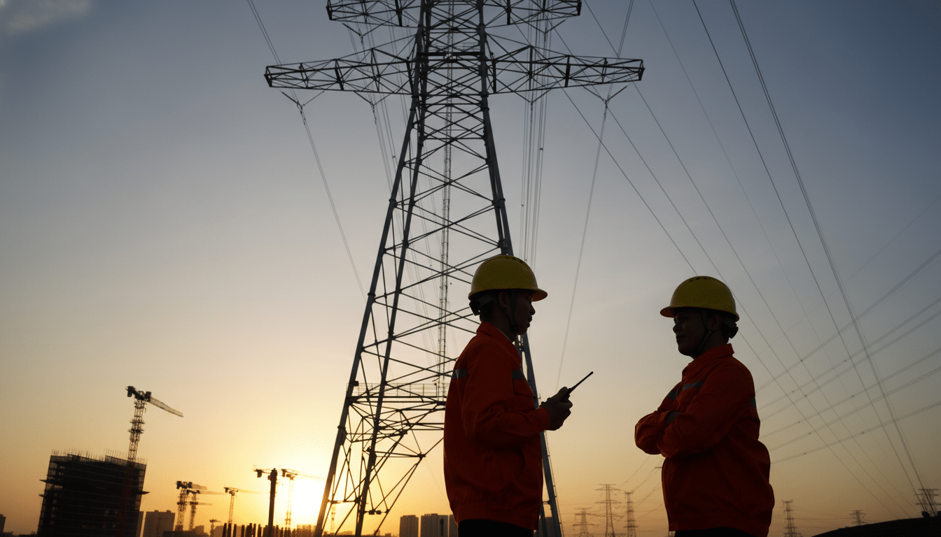 Two construction workers in hard hats and orange jackets stand silhouetted against a sunset with a large power line tower in the background.