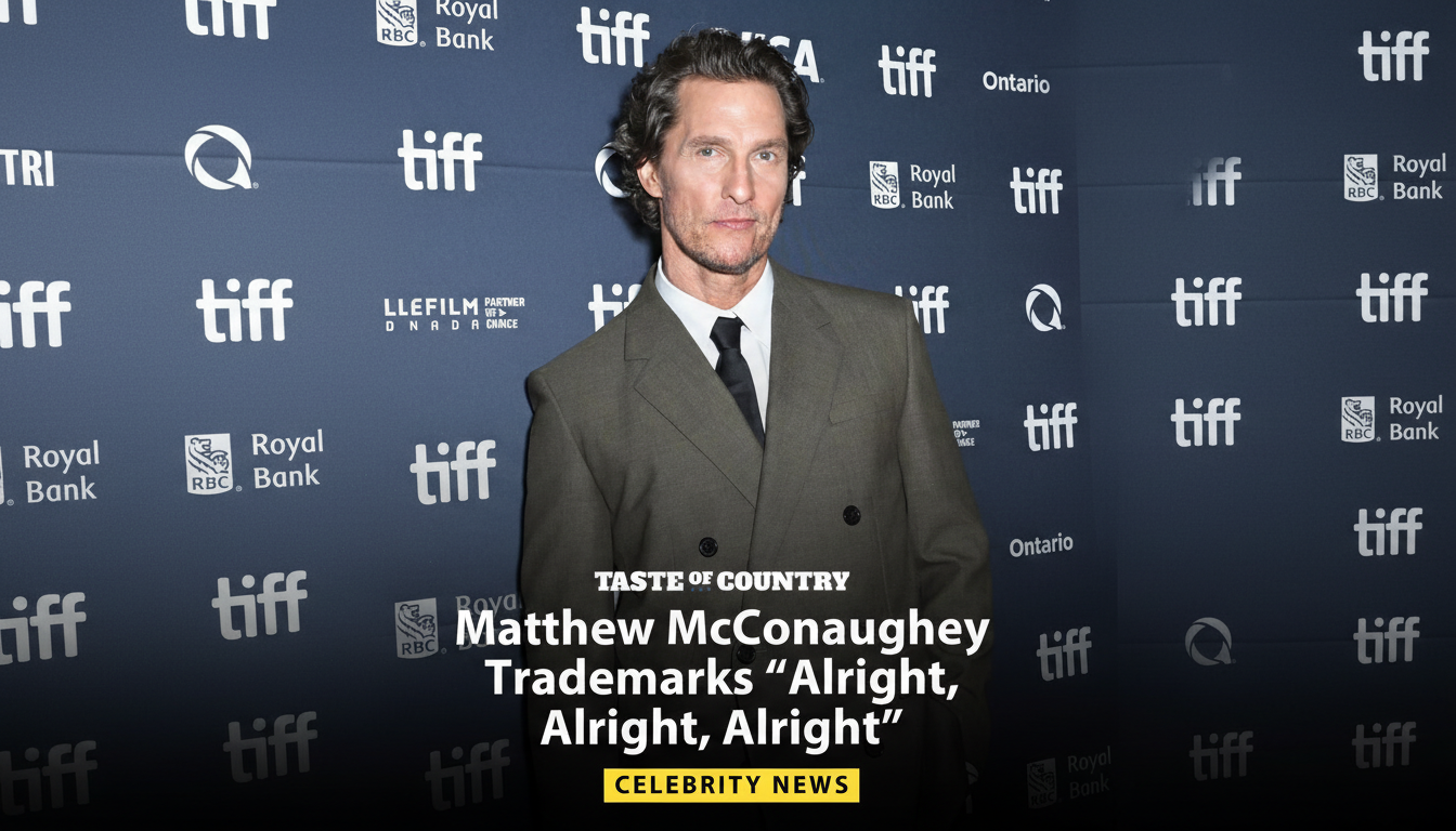 Matthew McConaughey on a red carpet with a black suit and tie, with TIFF logos in the background.
