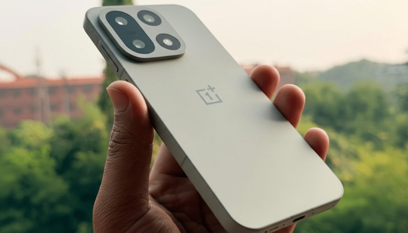 A hand holding a silver smartphone with a quad-camera setup, against a blurred background of trees and buildings.