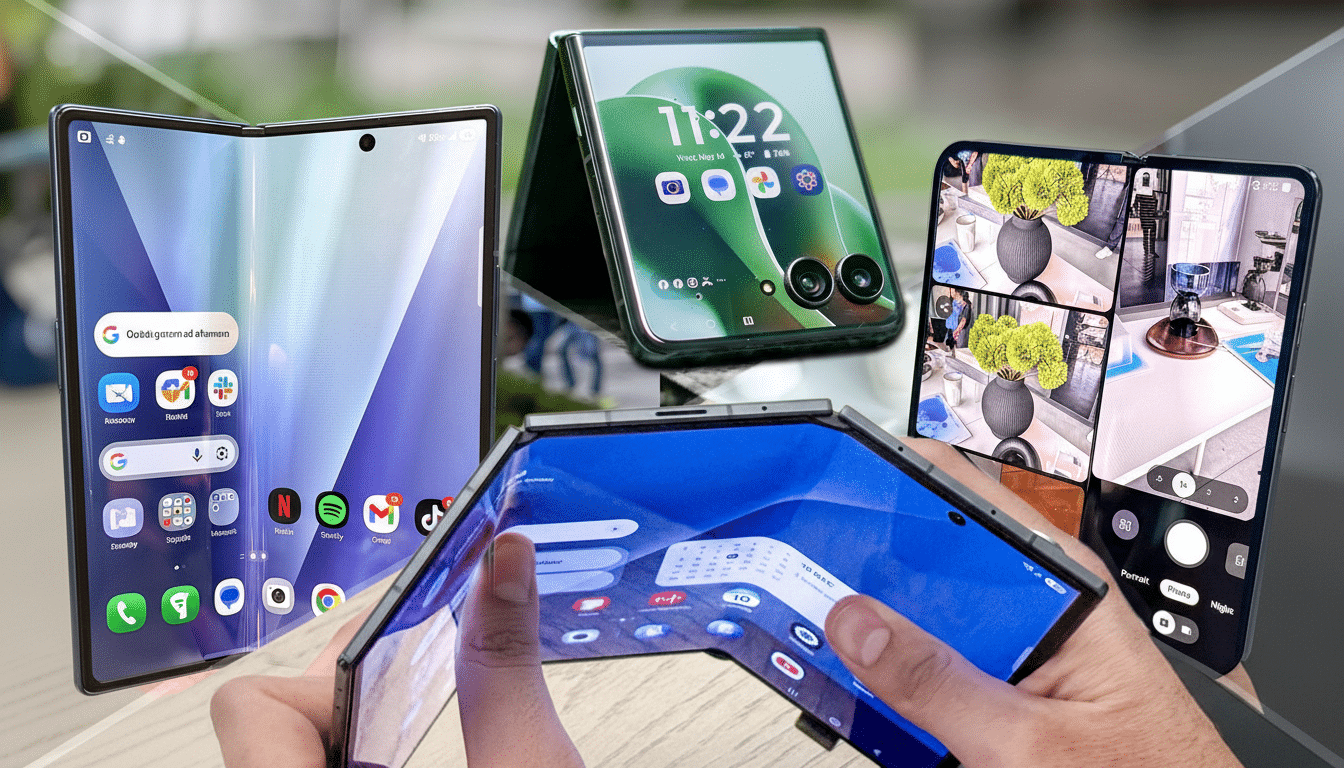A collage of various foldable smartphones, showcasing different designs and user interfaces.