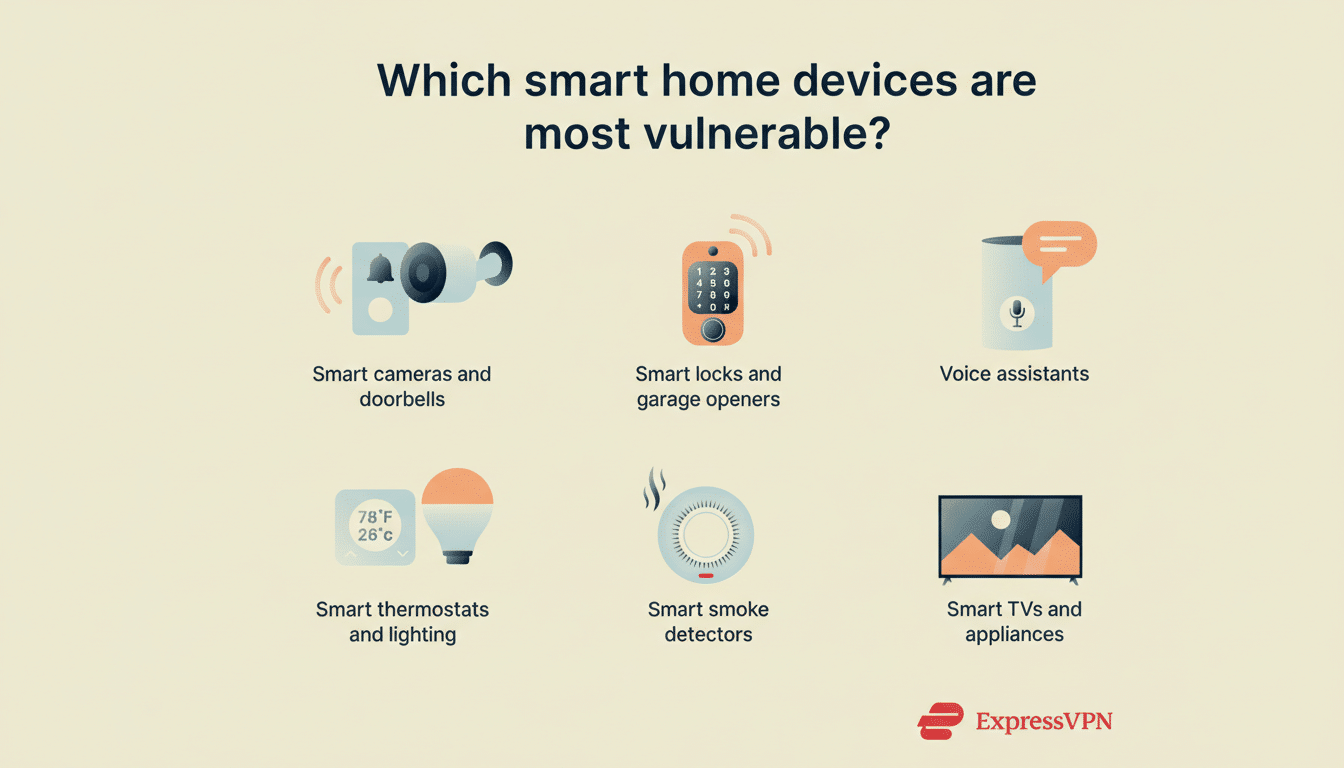 Smart home IoT devices with cybersecurity shield, highlighting hacking risks and guidance