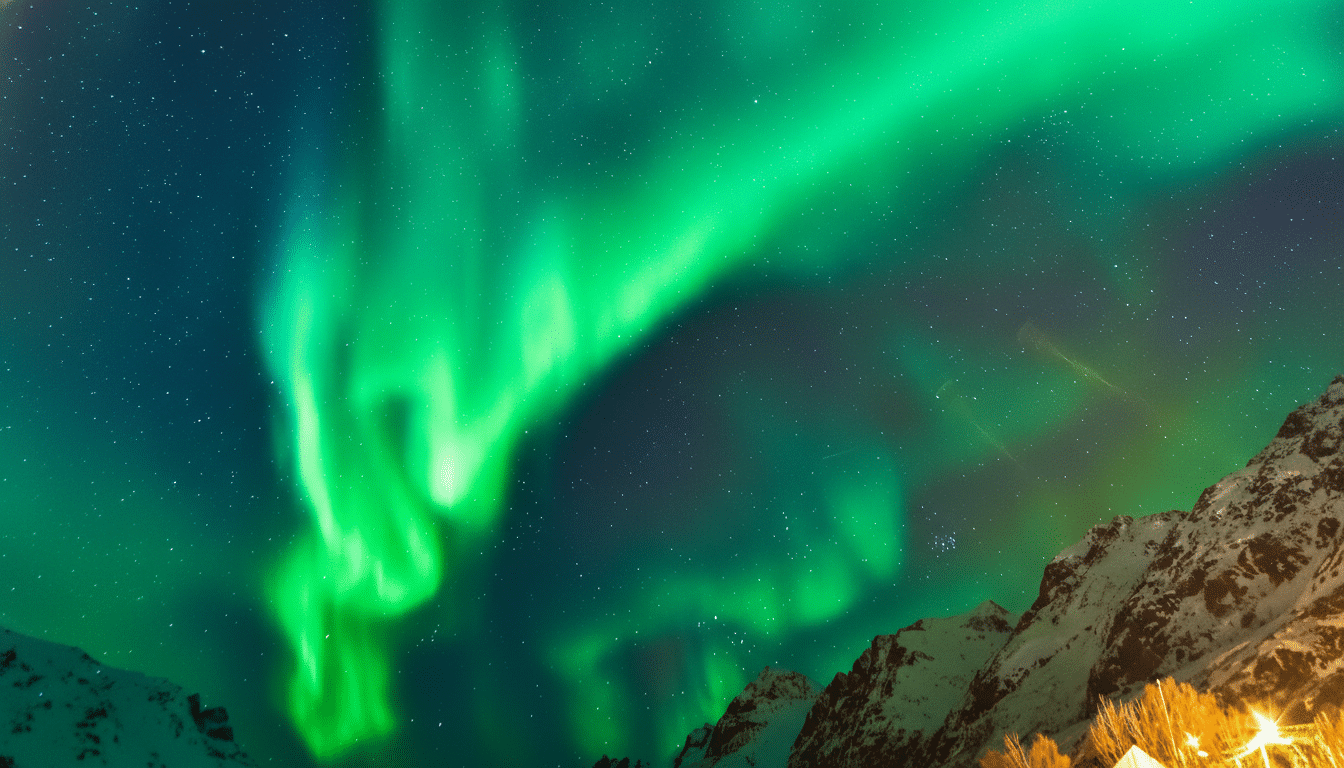 A vibrant green aurora borealis lights up the night sky above snow-capped mountains.