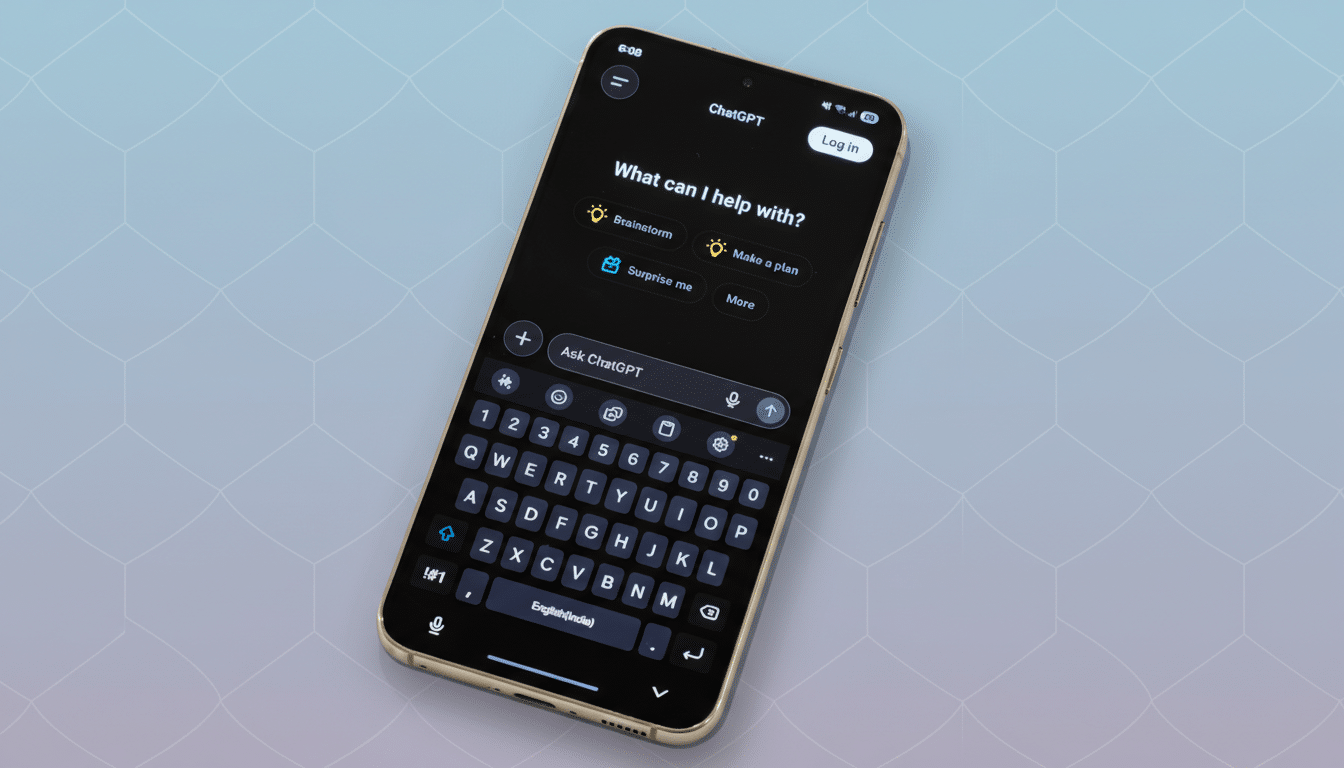 A smartphone displaying the ChatGPT app interface, resized to a 16:9 aspect ratio with a professional flat design background featuring soft patterns and gradients.