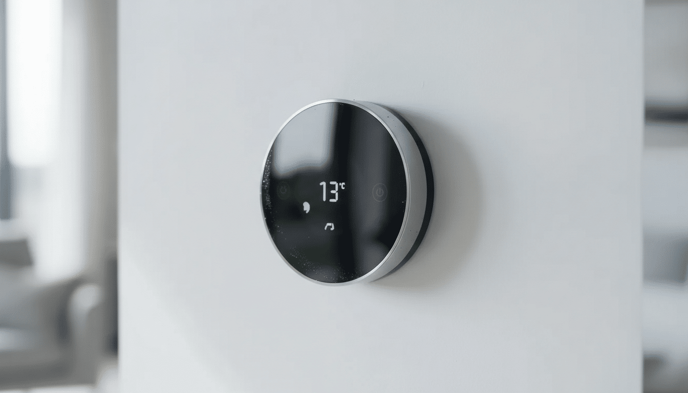 A close-up shot of a modern, circular smart thermostat mounted on a white wall, displaying 13° and various icons.