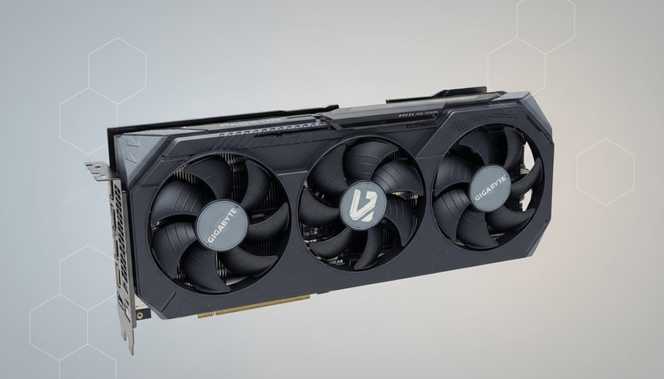 A professional image of a Gigabyte Radeon graphics card with three fans, set against a clean, light gray background with subtle hexagonal patterns.