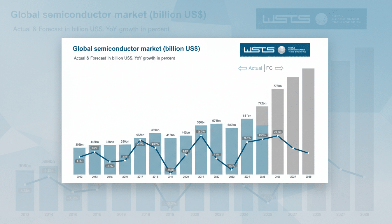 A professional, enhanced chart showing the global semiconductor market in billion US$ from 2013 to 2028, with actual and forecast data, presented on a soft blue gradient background.