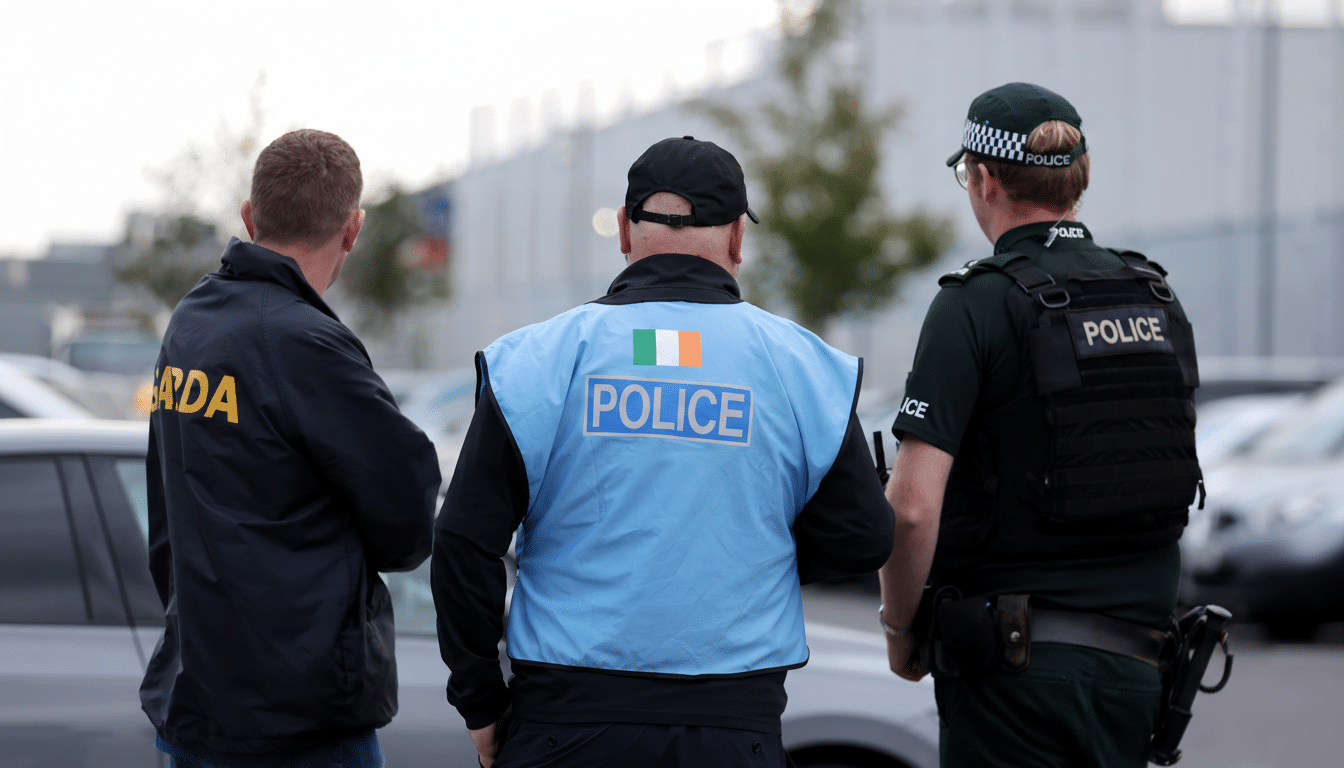 Three police officers, seen from behind, standing in what appears to be a parking lot. The officer in the center wears a light blue vest with POLICE and the Irish flag, flanked by two other officers in dark uniforms.