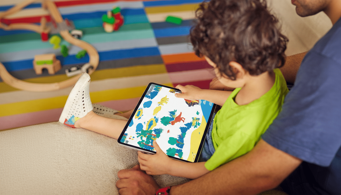 A child sitting on an adults lap, both looking at a tablet displaying a colorful drawing.