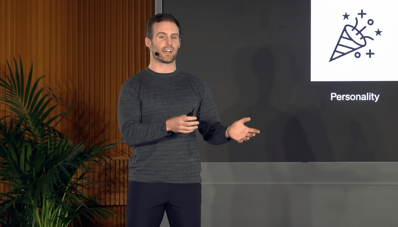 A man presenting in front of a screen with a Personality icon.