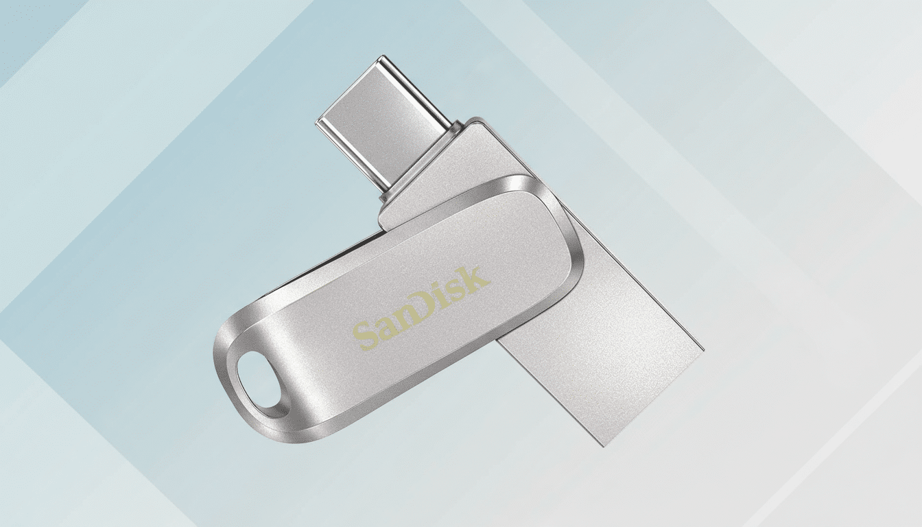 A silver SanDisk USB-C flash drive with a swivel design, presented on a professional flat design background with soft blue and white geometric patterns.