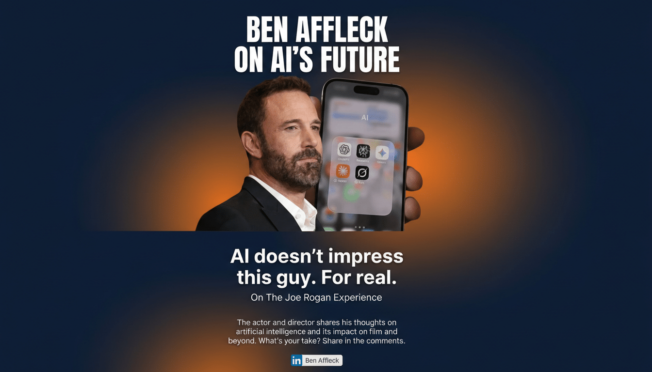 A 16:9 aspect ratio image featuring Ben Affleck next to a smartphone displaying AI app icons, with text about his views on AIs future.