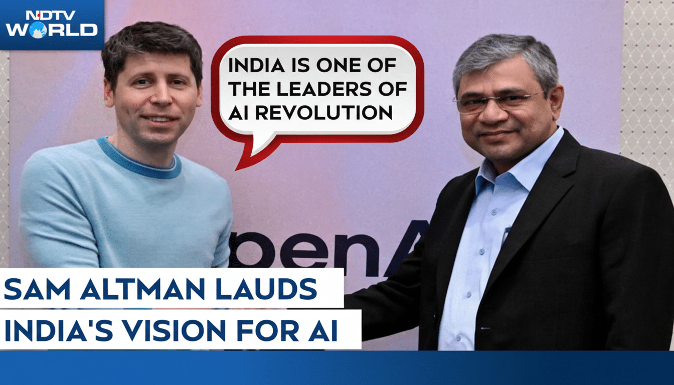 Sam Altman and another man standing in front of an OpenAI logo, with a speech bubble stating India is one of the leaders of AI revolution and text overlay Sam Altman Lauds Indias Vision for AI.