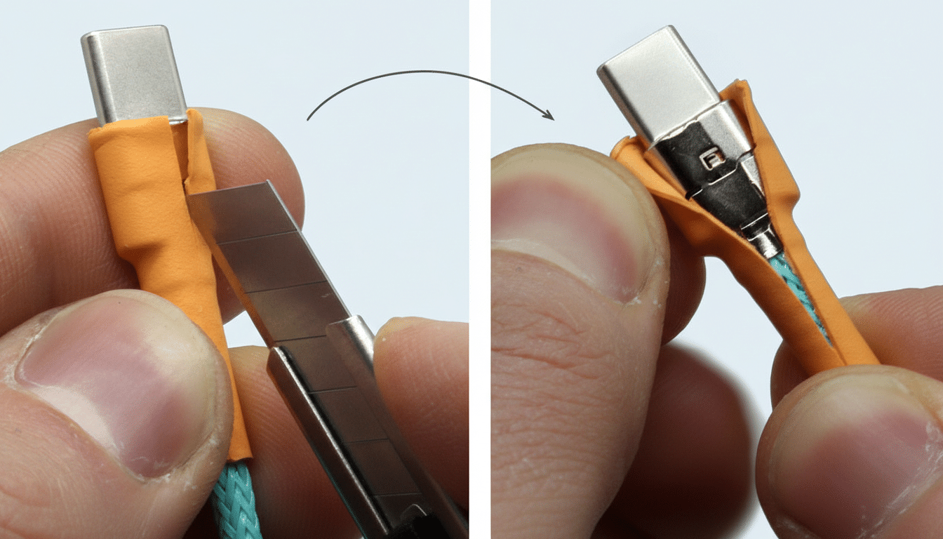 Close-up of USB-C cable being swapped to restore device charging