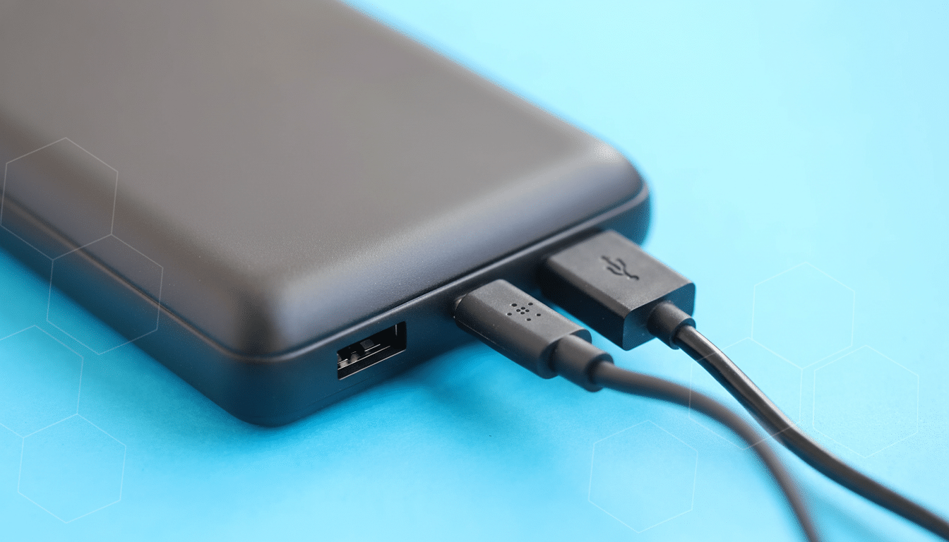 A black power bank with two USB cables plugged in, set against a blue background with subtle hexagonal patterns.