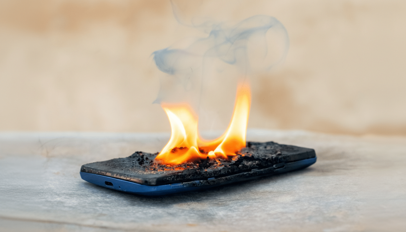 Phone and laptop battery fire hazard warning, risk of explosions