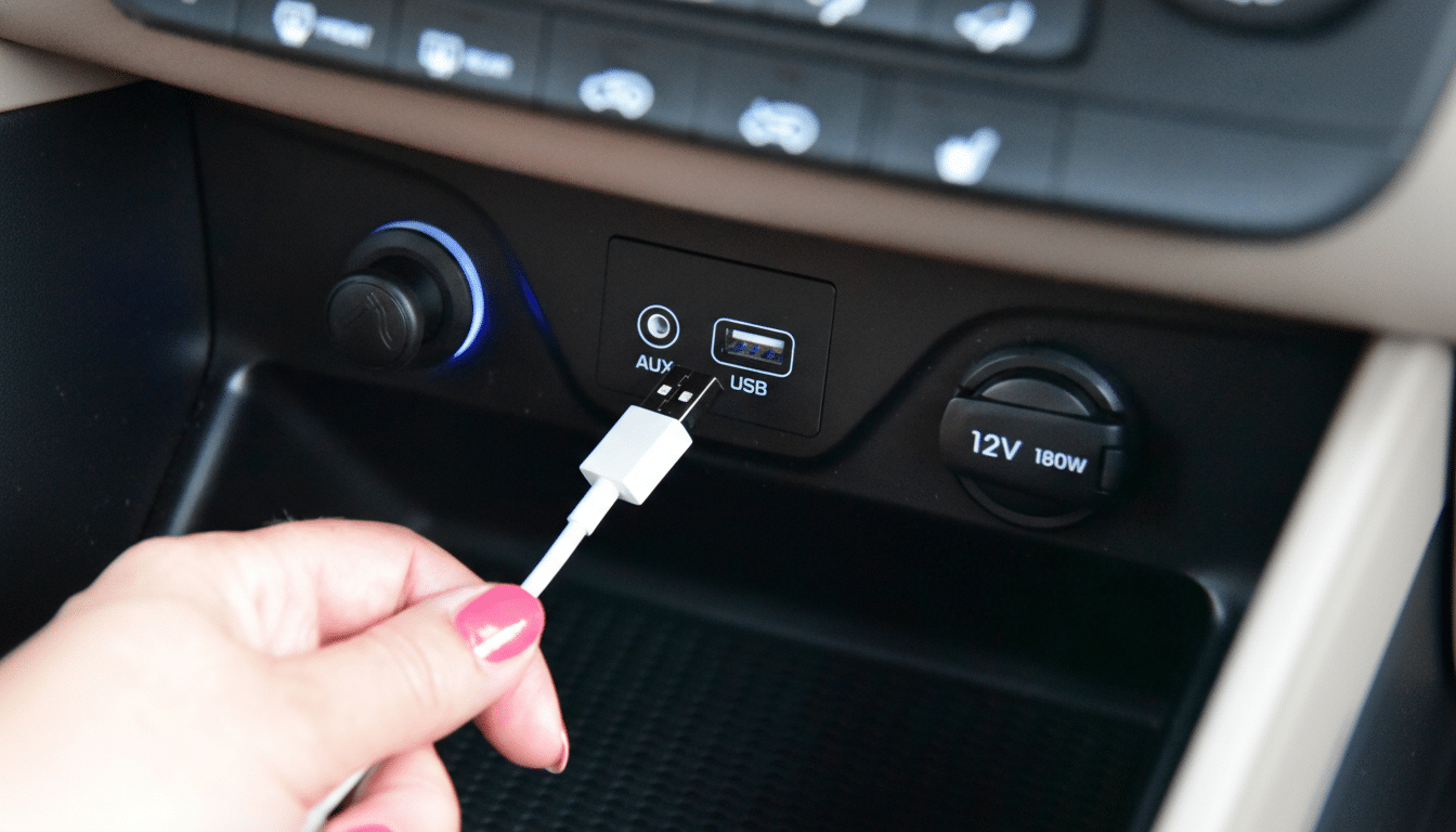 A hand with pink nail polish is plugging a white USB cable into a cars USB port, with the AUX and 12V 180W ports also visible.