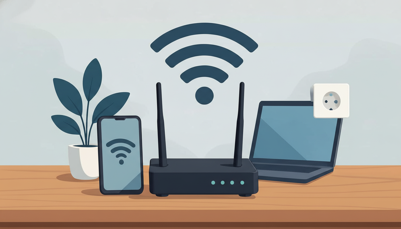A 16:9 aspect ratio image showing a black Wi-Fi router with two antennas, a smartphone, a laptop, a potted plant, and a wall socket on a wooden surface, all under a large Wi-Fi signal icon.