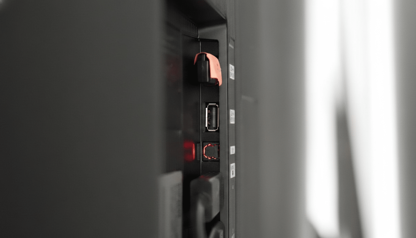 A close-up, side view of the back of a dark gray television, showing various ports including a USB port, an optical audio port with a red light, and another port with an orange cover. The background is a soft, out-of-focus white and gray.