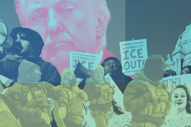 A protest scene with multiple people, some holding signs that say NEIGHBORS SAY ICE OUT! and JUSTICE. A large, faded pink image of a mans face is superimposed in the background, along with a building that resembles a capitol dome. The foreground features several figures, some appearing to be law enforcement or military personnel in tactical gear, and others holding megaphones. The overall color scheme is dominated by blues, greens, and pinks, giving it a somewhat distressed or artistic filter.