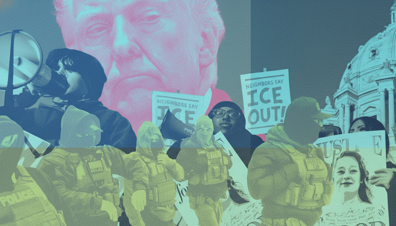 A protest scene with multiple people, some holding signs that say NEIGHBORS SAY ICE OUT! and JUSTICE. A large, faded pink image of a mans face is superimposed in the background, along with a building that resembles a capitol dome. The foreground features several figures, some appearing to be law enforcement or military personnel in tactical gear, and others holding megaphones. The overall color scheme is dominated by blues, greens, and pinks, giving it a somewhat distressed or artistic filter.