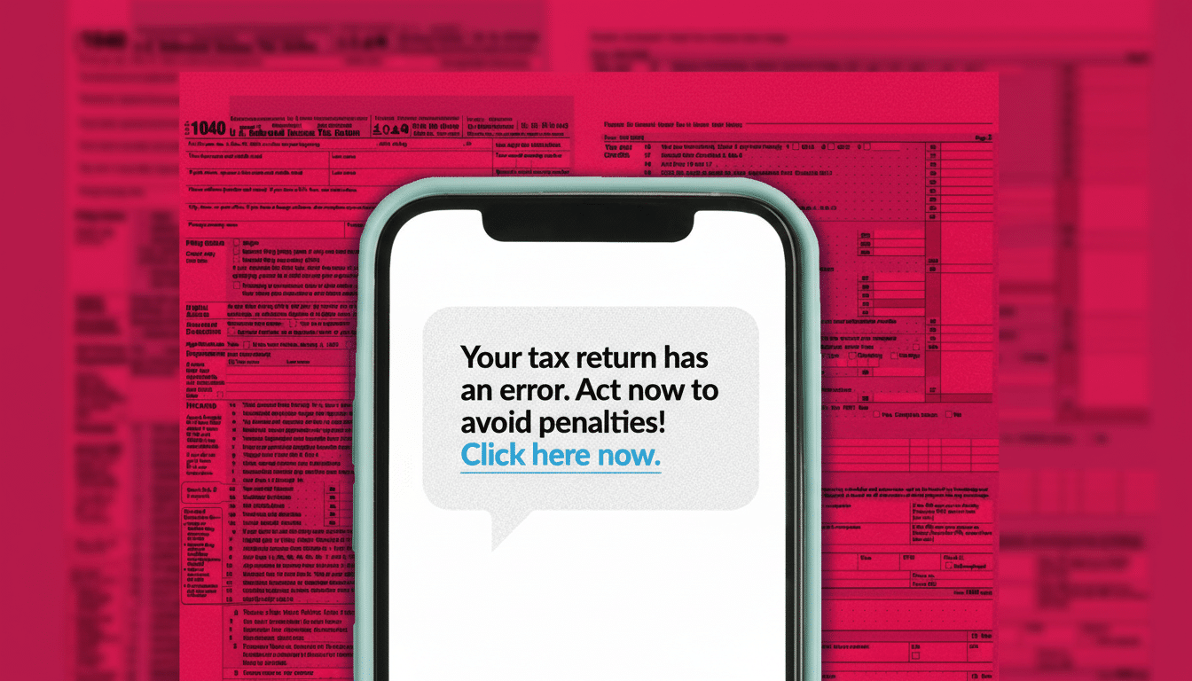 A smartphone displaying a tax error message, Your tax return has an error. Act now to avoid penalties! Click here now. The phone is centered against a backdrop of a blurred IRS 1040 tax form.