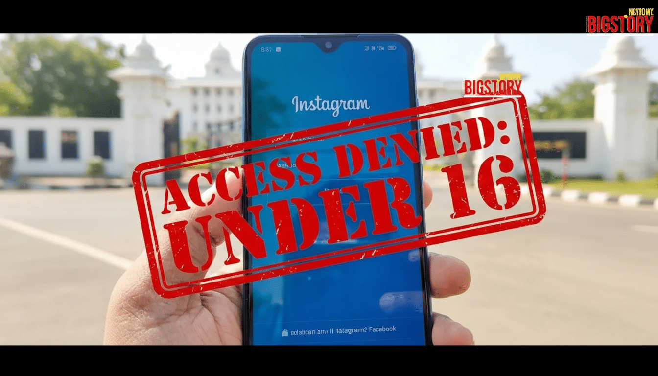 A hand holding a smartphone displaying the Instagram login screen, overlaid with a red ACCESS DENIED: UNDER 16 stamp. The background shows a building and trees, with BIGSTORY in the top right corner.