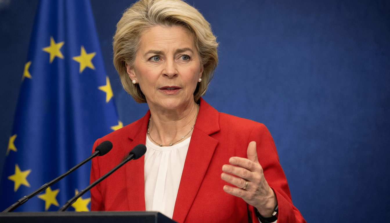 Ursula von der Leyen speaking at a podium with the European Union flag in the background.