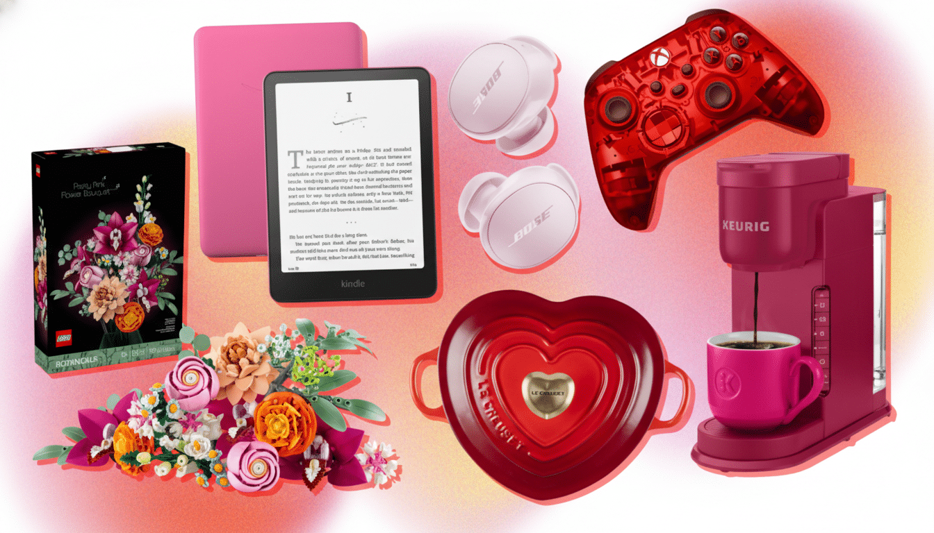 A collection of pink and red items including a Lego flower bouquet, a Kindle e-reader, Bose earbuds, an Xbox controller, a heart-shaped Le Creuset dish, and a Keurig coffee maker.