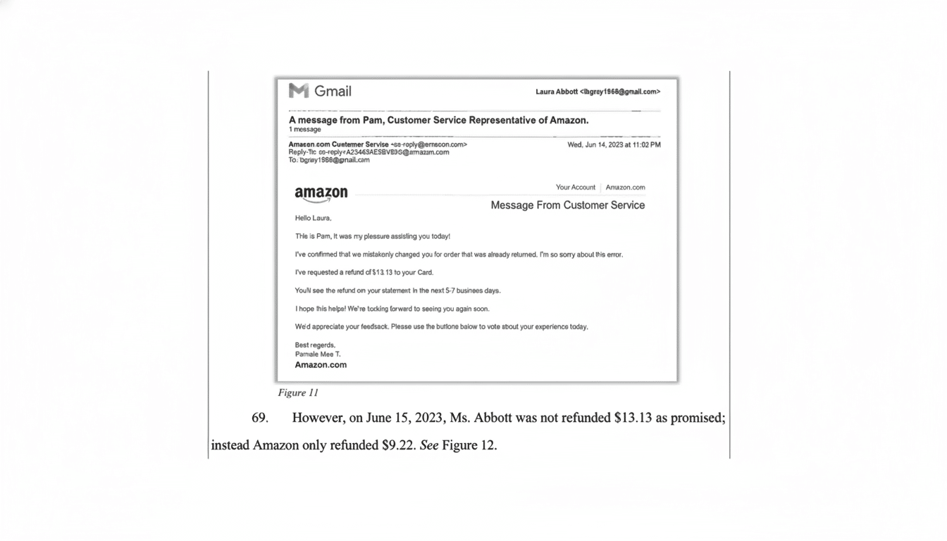 A screenshot of an email from Amazon Customer Service to Laura Abbott, confirming a refund of $13.13.