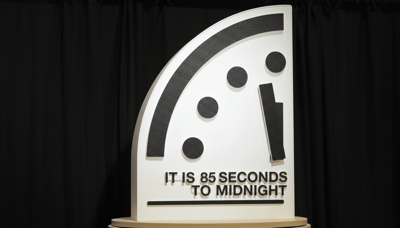 A white, wedge-shaped sign with black markings and text, reading IT IS 85 SECONDS TO MIDNIGHT, set against a dark, draped background.