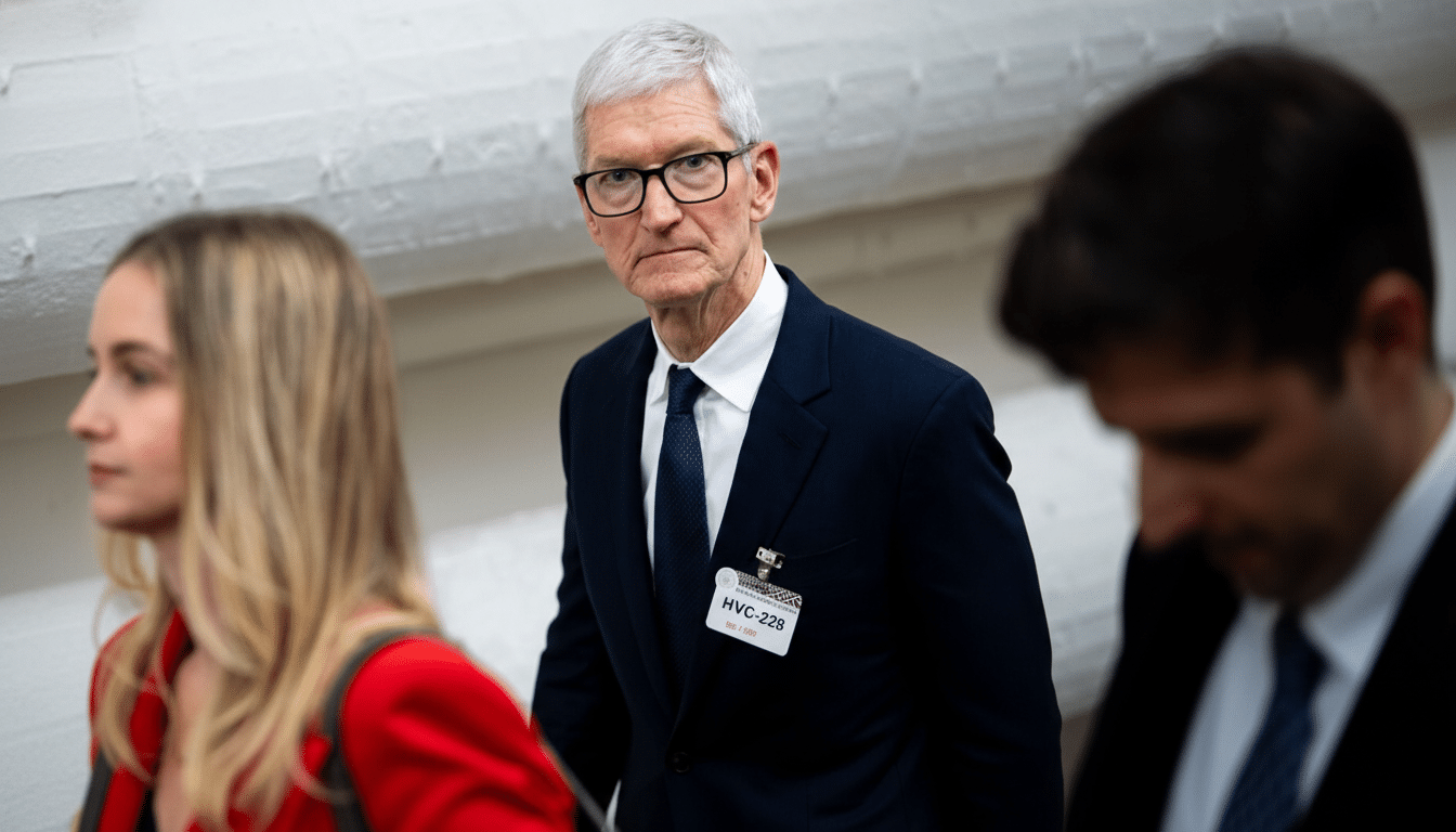 Tim Cook, CEO of Apple, wearing a dark suit, white shirt, and dark tie, with a name tag that reads HVC-228 and DEC 1 2020 on a white background. He is looking directly at the camera with a serious expression. A blonde woman in a red top is partially visible on the left, and a man with dark hair is partially visible on the right, looking down. The background is a light, textured wall.