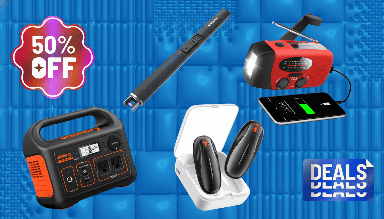 An image showcasing various electronic gadgets, including a portable power station, a lighter, a radio, a smartphone, and wireless earbuds, with a 50% OFF sticker and a DEALS logo, all set against a blue background.